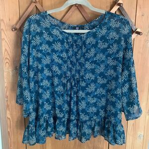 Anna Sui blue petite floral ruffled sheer blouse